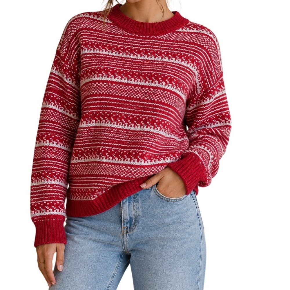 Gap Red White Fair Isle Knit Crewneck Sweater Women's XS‎